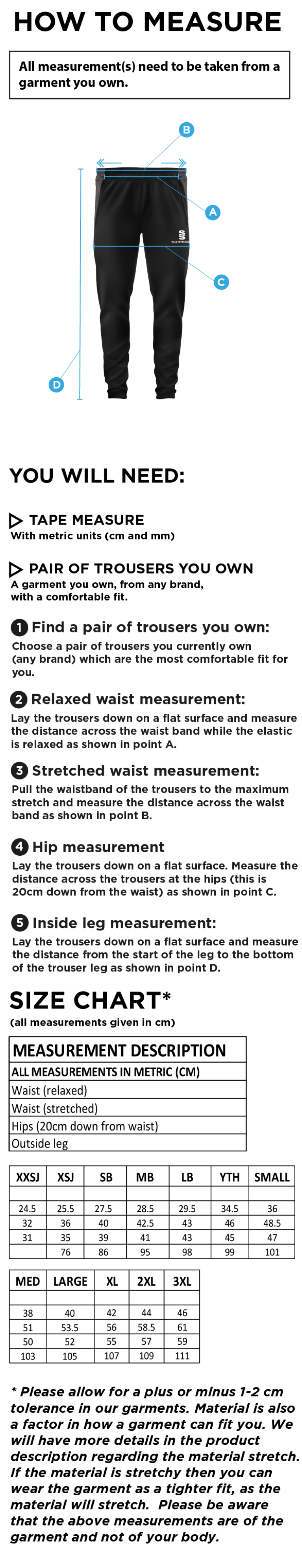 Coach Core - Tek Slim Training Pants - Unisex Fit (Lifetime) - Size Guide